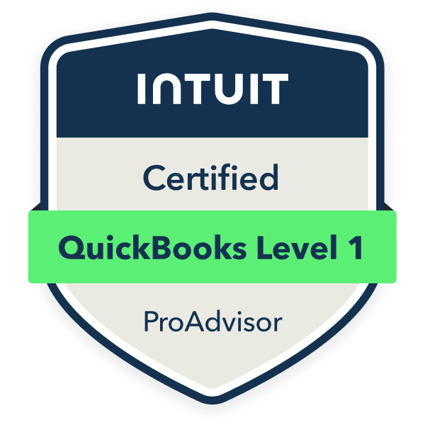 Intuit Certified QuickBooks Online Level 1 certification badge for bookkeeping professionals