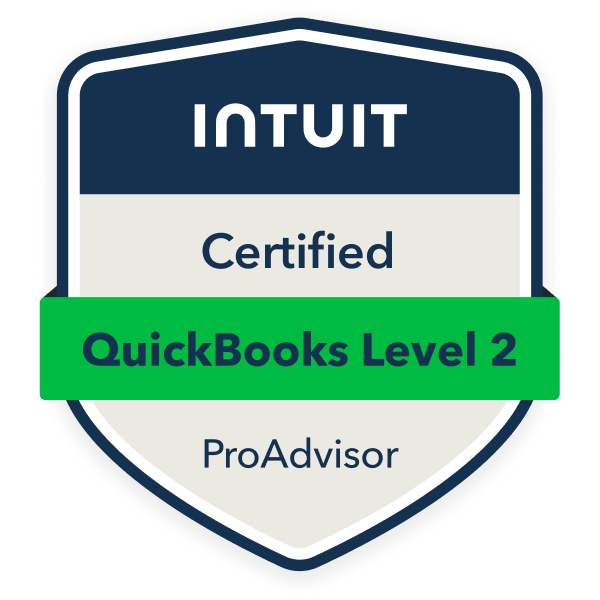 Intuit Certified QuickBooks Online Level 2 certification badge demonstrating advanced skills