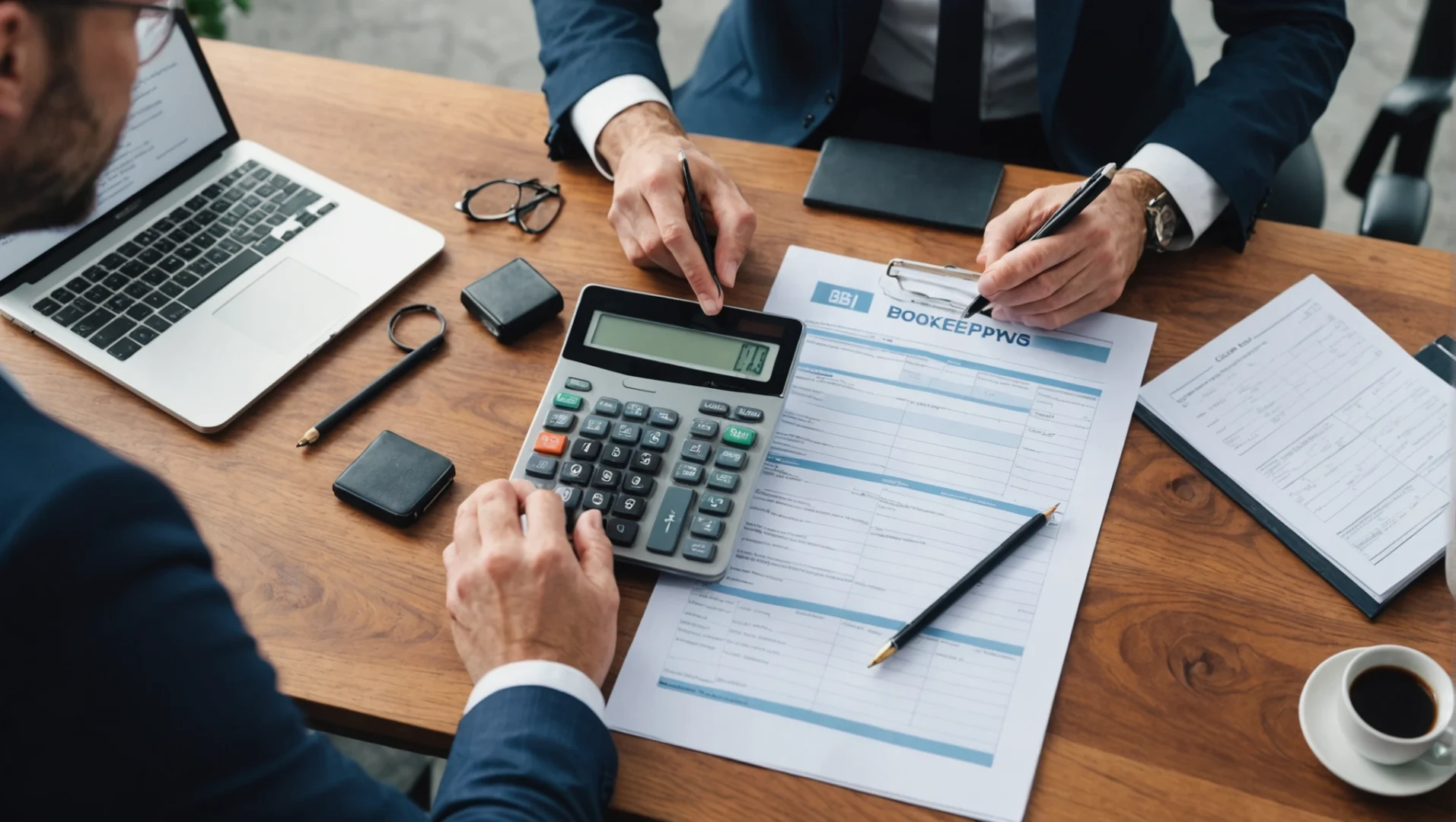 Business professionals reviewing a bookkeeping document with a calculator, laptop, and pens on a wooden desk during a financial meeting.
